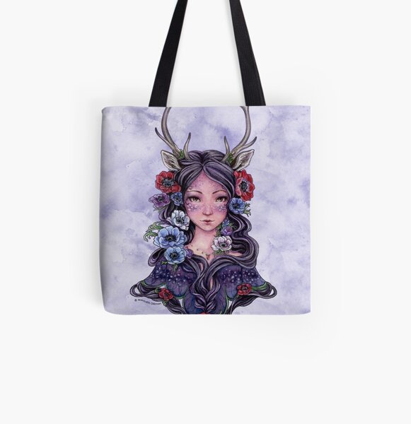 Dark Faun Girl with Flowers All Over Print Tote Bag