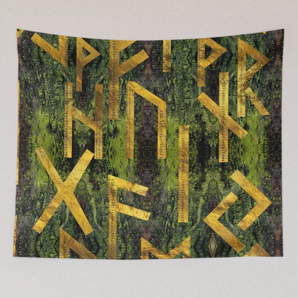 Item preview, Vintage Gold Runic alphabet on tree bark designed and sold by k9printart.
