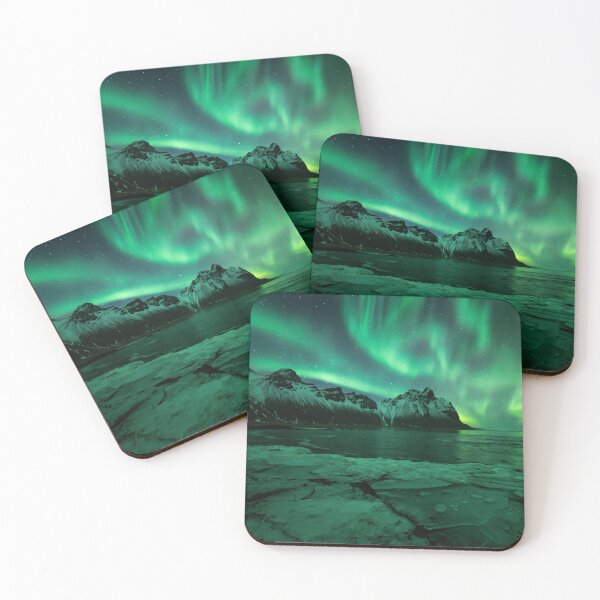 Item preview, Northern lights Iceland above Vestrahorn mountain in Stokksnes with ice in the foreground designed and sold by michieldros.