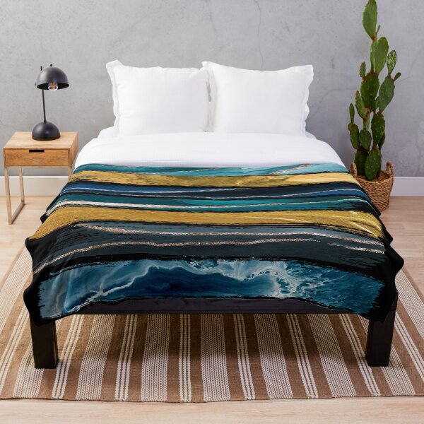 Abstract Teal and Gold Brushstroke Throw Blanket