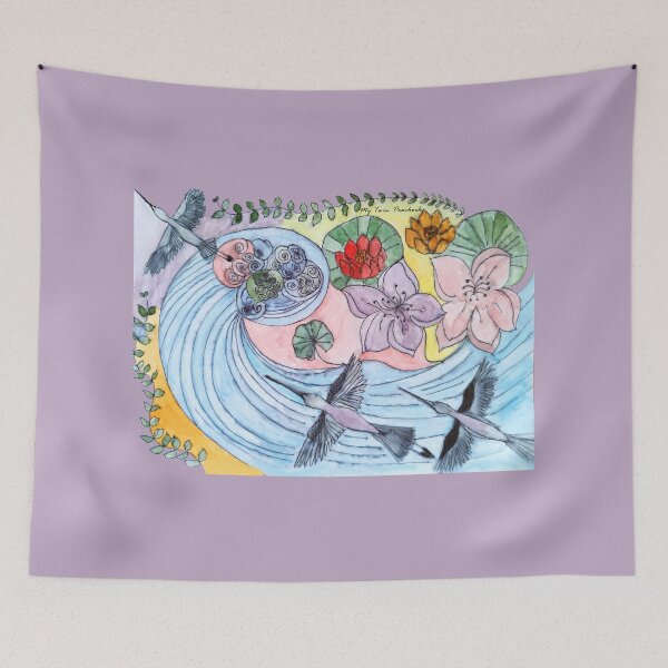 Item preview, Cranes over waves and water lilies designed and sold by My Twin Peacock.