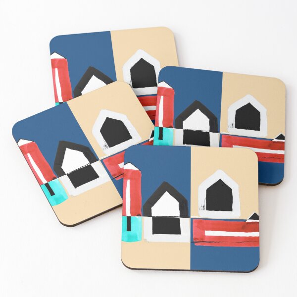 Item preview, Two Black and Two Red Houses on Blue and Beige - A version designed and sold by Istvan Ocztos.