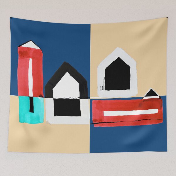 Item preview, Two Black and Two Red Houses on Blue and Beige - A version designed and sold by Istvan Ocztos.