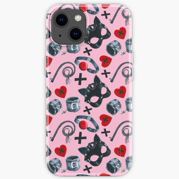 Watercolor pattern with depiction of subjects for sexual games, leather mask, handcuffs, whip iPhone Soft Case