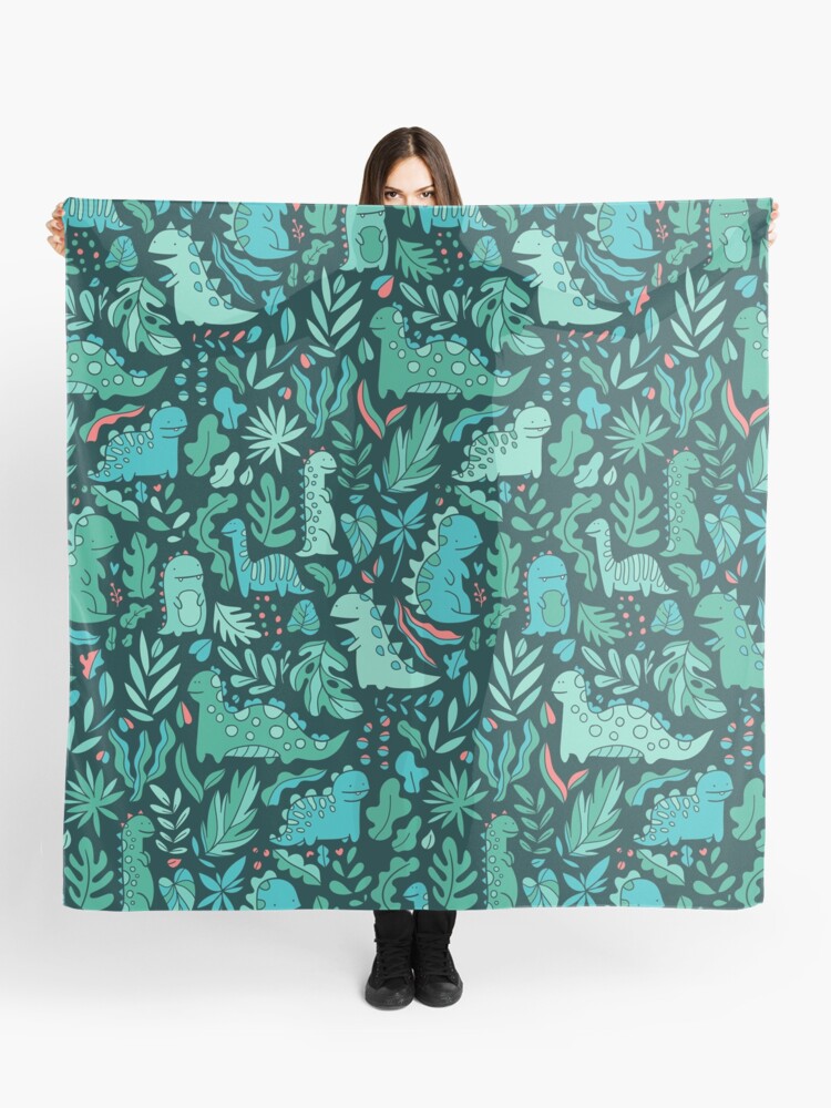 Thumbnail 1 of 3, Scarf, Cute dinosaurs and tropical leaves designed and sold by kostolom3000.