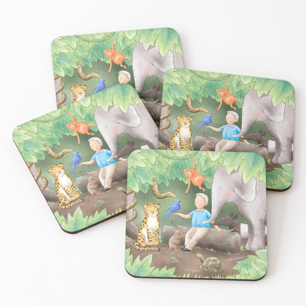 Item preview, Cute David Attenborough Illustration with elephant, orangutan, tortoise, turtle, snake, armadillo, leopard, snake and tapir  designed and sold by Whimsicolourart.