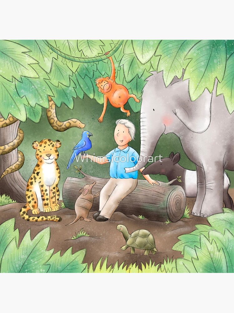 "Cute David Attenborough Illustration with elephant, orangutan