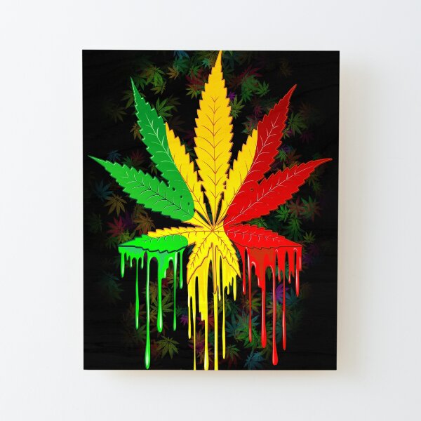 Leaf Rasta Colors Dripping Paint Wood Mounted Print
