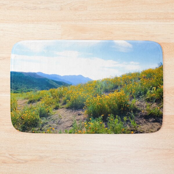 Item preview, yellow poppy flower field with green leaf and blue cloudy sky in summer designed and sold by Mrvell.