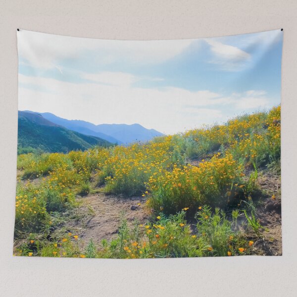 Item preview, yellow poppy flower field with green leaf and blue cloudy sky in summer designed and sold by Mrvell.