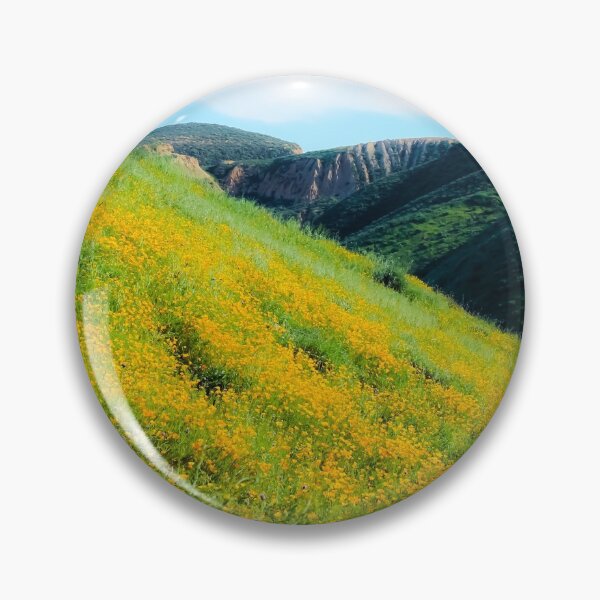 Item preview, yellow poppy flower field with green leaf and green mountain and cloudy blue sky in summer designed and sold by Mrvell.
