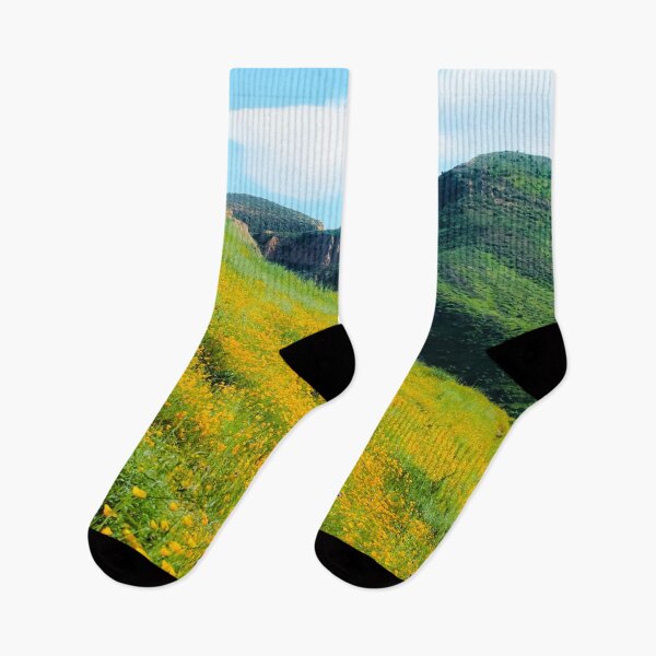 Item preview, yellow poppy flower field with green leaf and green mountain and cloudy blue sky in summer designed and sold by Mrvell.