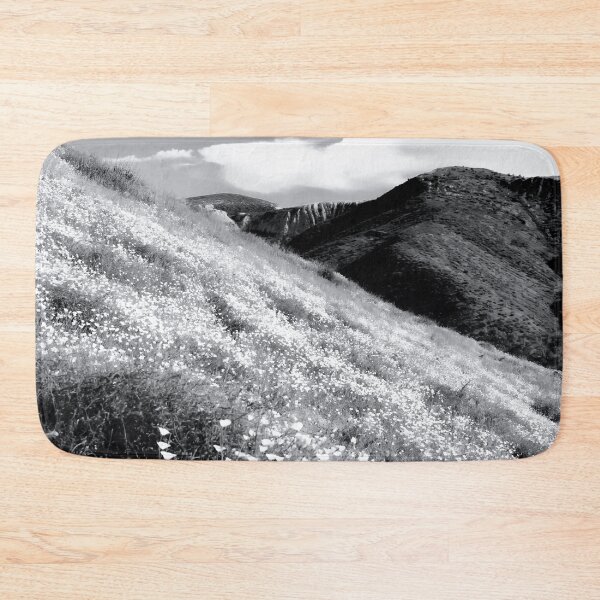 Item preview, poppy flower field with mountain and cloudy sky background in black and white designed and sold by Mrvell.