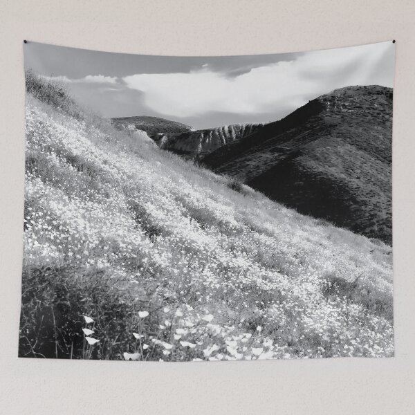 Item preview, poppy flower field with mountain and cloudy sky background in black and white designed and sold by Mrvell.