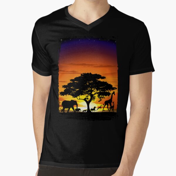 Wild Animals on African Savanna Sunset  V-Neck T-Shirt