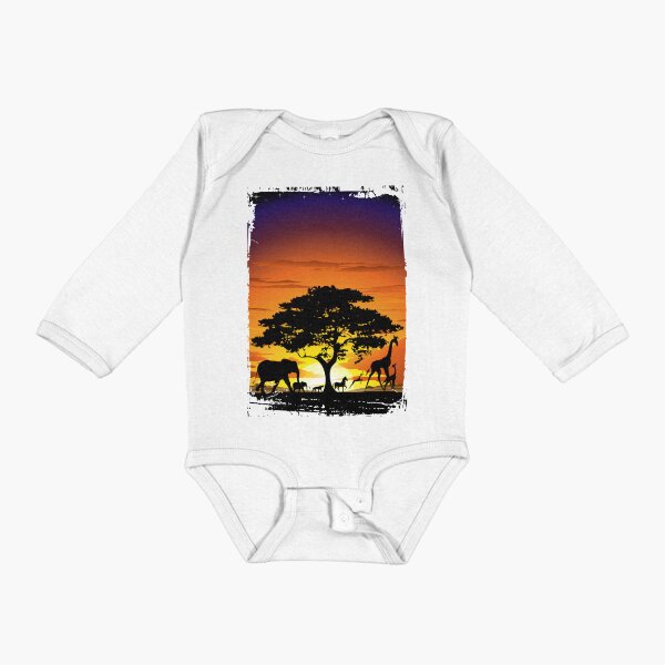 Wild Animals on African Savanna Sunset Long Sleeve Baby One-Piece