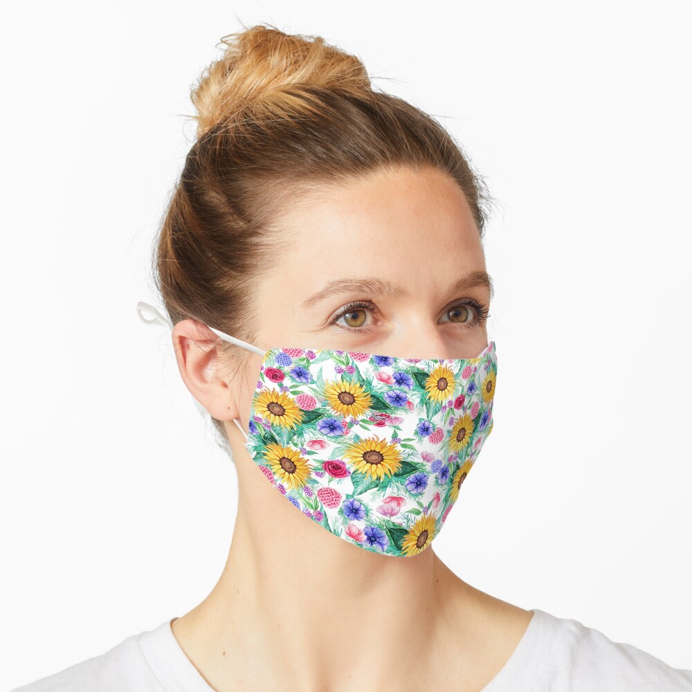 Sunflower, anemone, dahlia, rose and beauty berry watercolor floral Mask