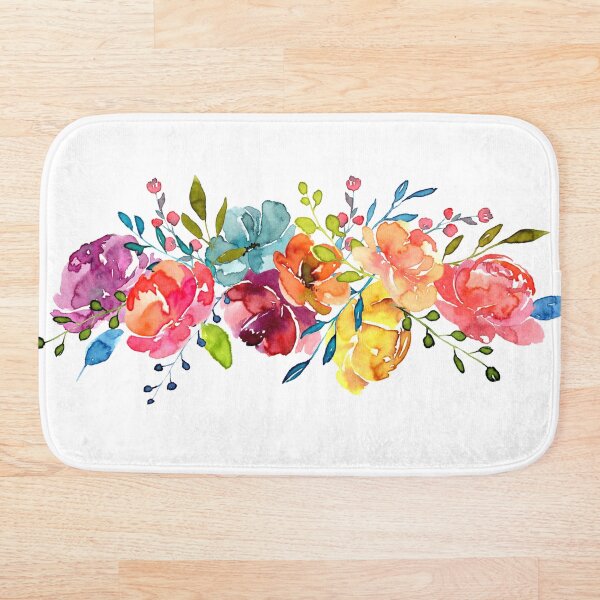 Bright Flowers Summer Watercolor Peonies Bath Mat