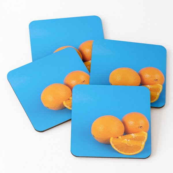 Item preview, Photograph two whole sweet citrus oranges with orange slices on a bright blue background  designed and sold by g2rdsmith.