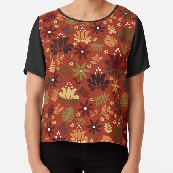 orange, grüne und gelbe Blüten auf Rostrot Chiffon Top