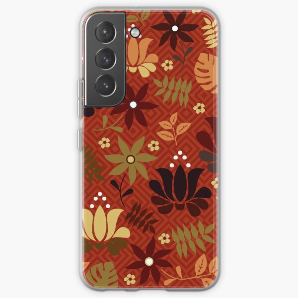 orange, grüne und gelbe Blüten auf Rostrot Samsung Galaxy Flexible Hülle