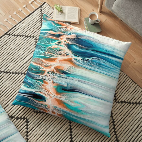 Coral, Bue, Teal, and Grey Ocean Inspired Abstract Fluid Art Floor Pillow