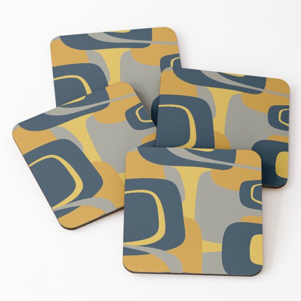 Mid Century Modern Retro Abstract Pattern in Navy Blue, Mustard Yellow, and Gray Coasters (Set of 4)