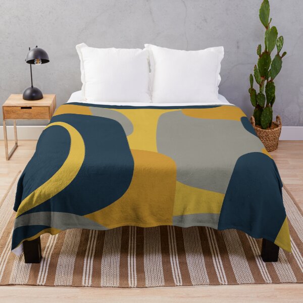 Mid Century Modern Retro Abstract Pattern in Navy Blue, Mustard Yellow, and Gray Throw Blanket
