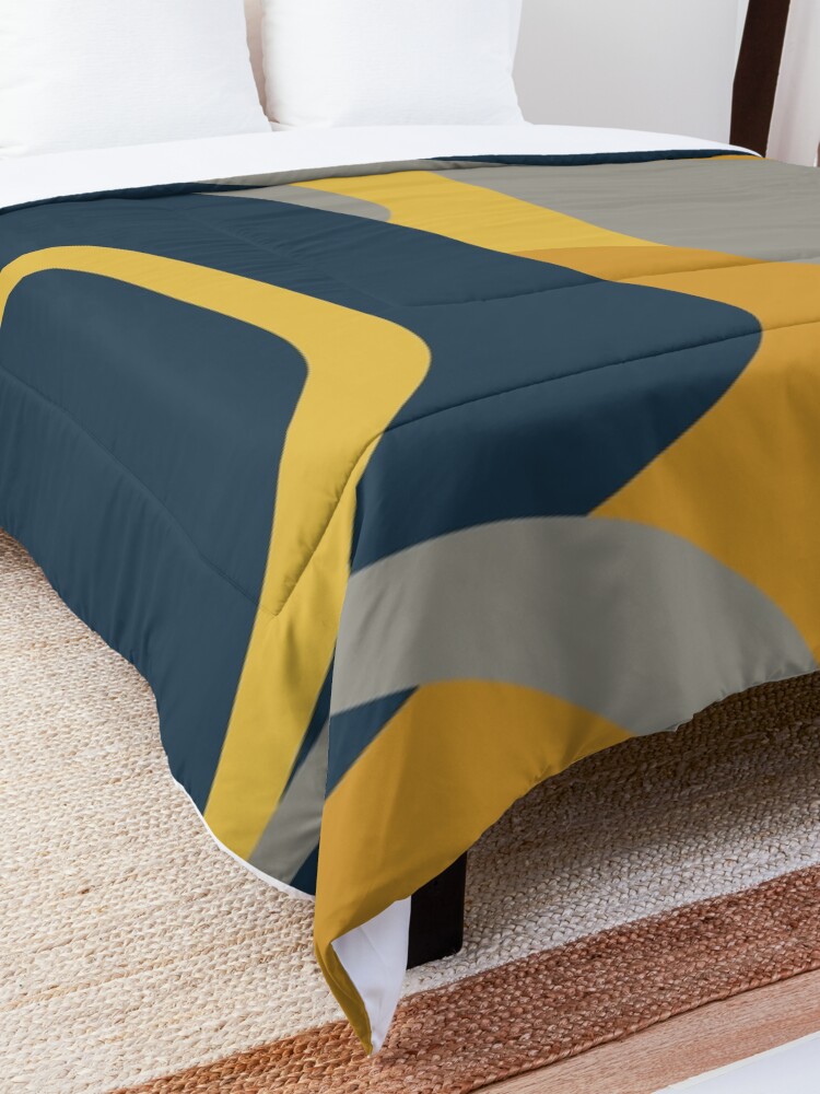 "Mid Century Modern Retro Abstract Pattern in Navy Blue, Mustard Yellow, and Gray" Comforter for