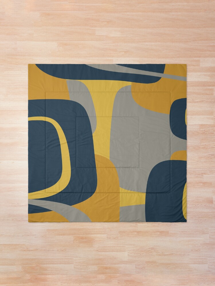 "Mid Century Modern Retro Abstract Pattern in Navy Blue, Mustard Yellow, and Gray" Comforter for