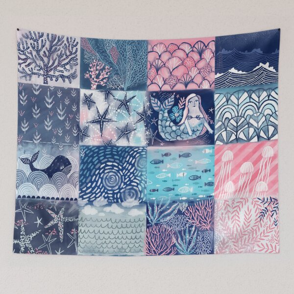 Item preview, Ocean quilt design. Watercolor hand drawn mermaid, waves, fish, whales, jellyfish. designed and sold by kostolom3000.