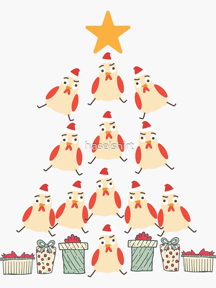 "Christmas Tree Chickens In Santa Hat and Xmas Gifts" Sticker by