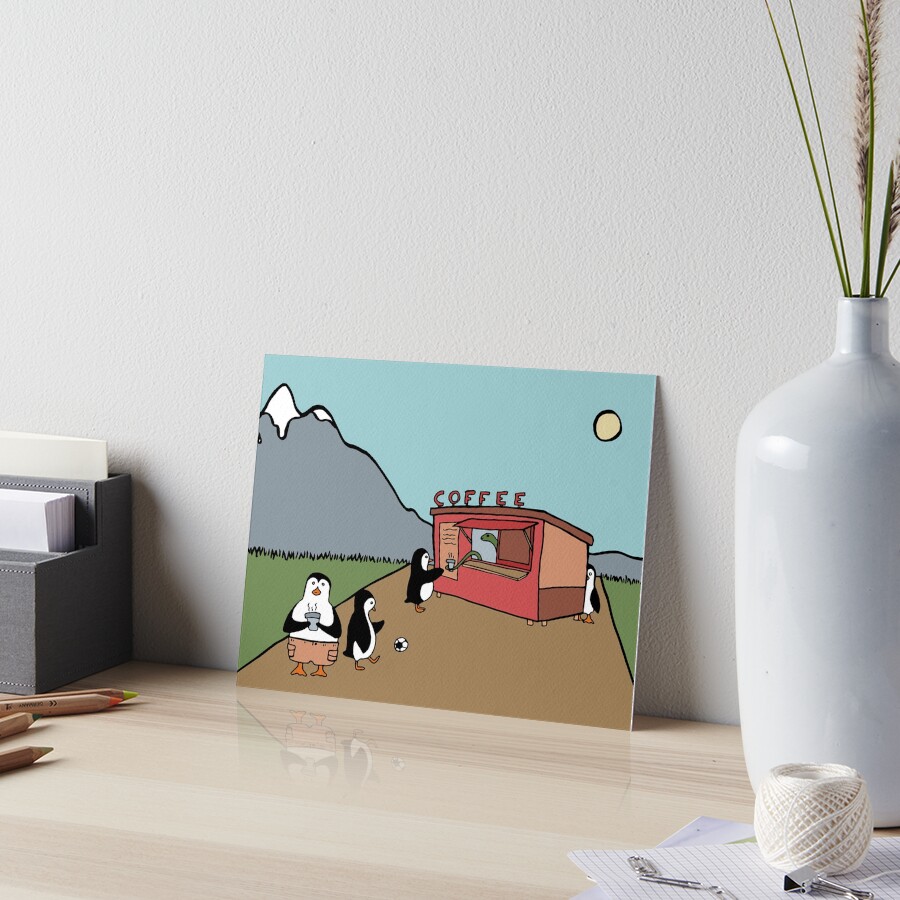 Penguin Family Getting Coffee From a Snake at a Coffee Stand Art Board Print