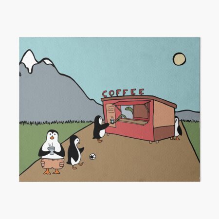 Penguin Family Getting Coffee From a Snake at a Coffee Stand Art Board Print