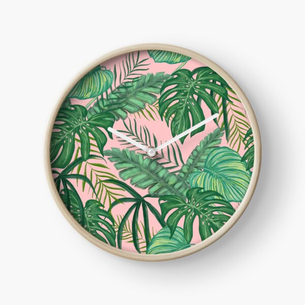 Pink Tropical Floral Leaves And Jungle Plants  Clock