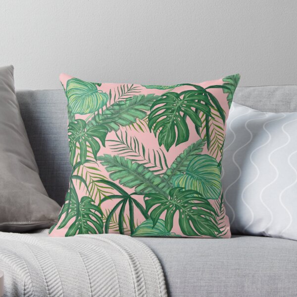 Pink Tropical Floral Leaves And Jungle Plants  Throw Pillow