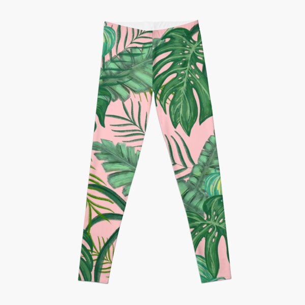 Pink Tropical Floral Leaves And Jungle Plants  Leggings