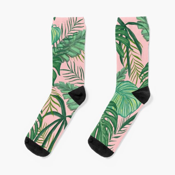 Pink Tropical Floral Leaves And Jungle Plants  Socks
