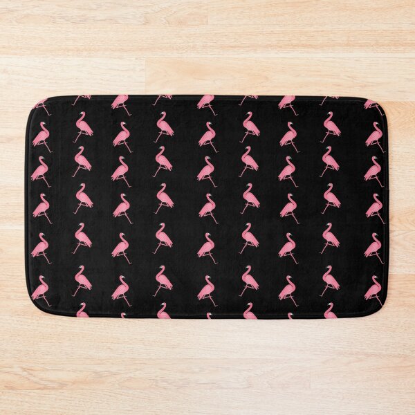 Pink Flamingos on Black Background Pattern Bath Mat