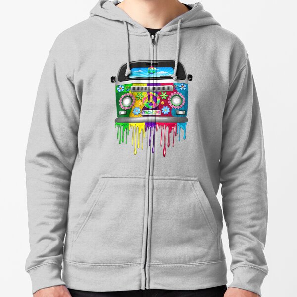 Hippie Van Bus Dripping Rainbow Paint Zipped Hoodie
