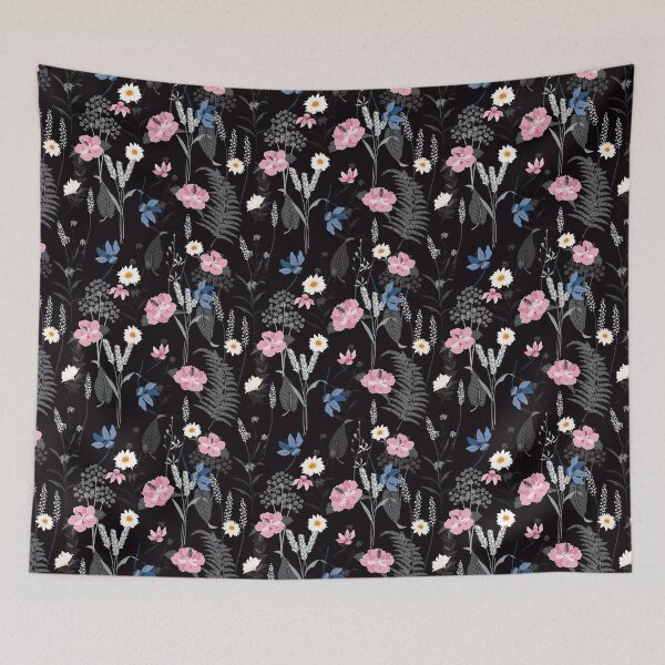 Artikelvorschau, Schwarz Rosa Blau Botanische Blumen Aquarelle entworfen und verkauft von YasDesign.