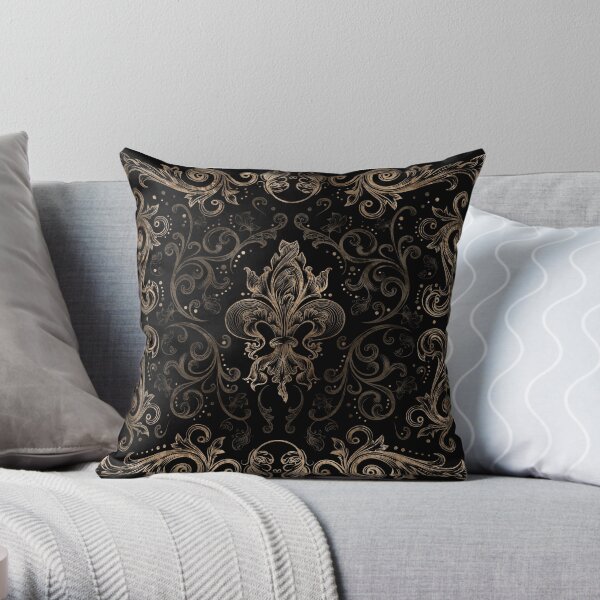 Fleur-de-lis ornament Black and Gold Throw Pillow