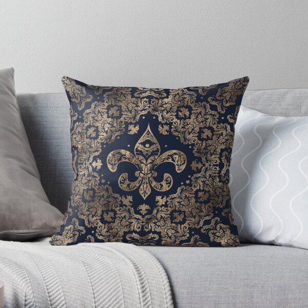 Luxury Fleur-de-lis Ornament - gold and dark blue Throw Pillow