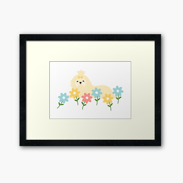 Cute Maltese Dog and Flowers Framed Art Print
