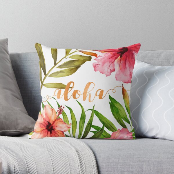 Aloha Tropical Hawaiian Floral Watercolor Throw Pillow
