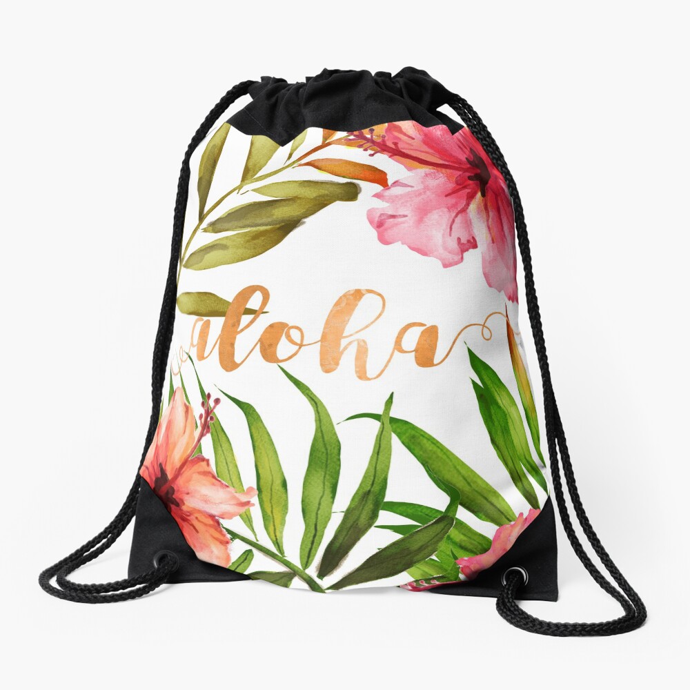 Aloha Tropical Hawaiian Floral Watercolor Drawstring Bag