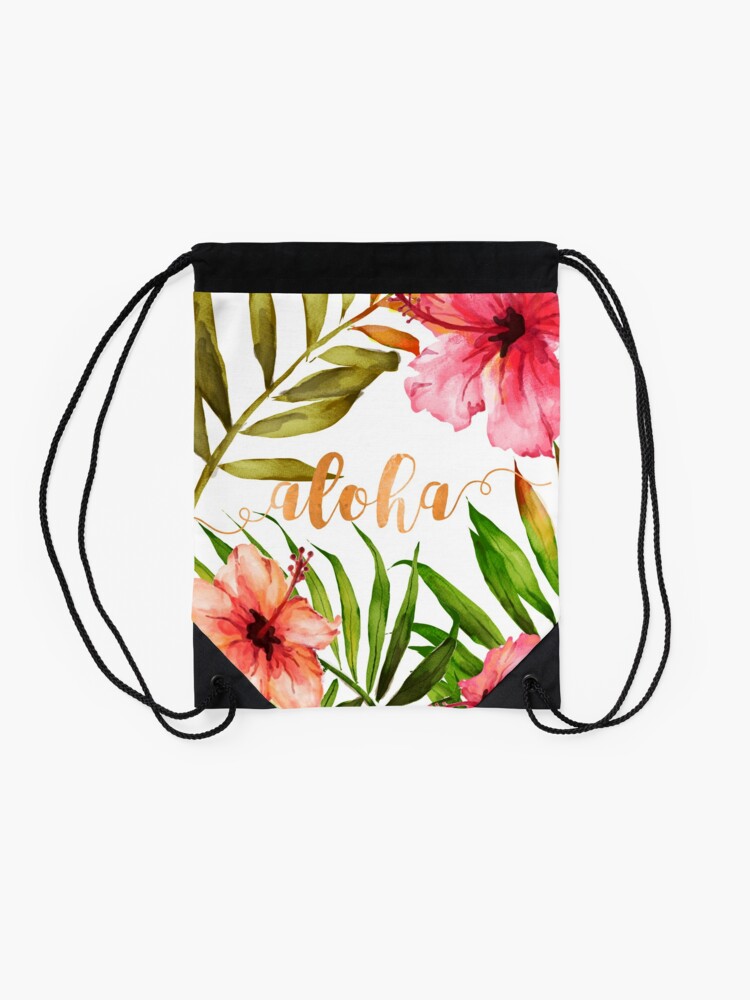 Alternate view of Aloha Tropical Hawaiian Floral Watercolor Drawstring Bag