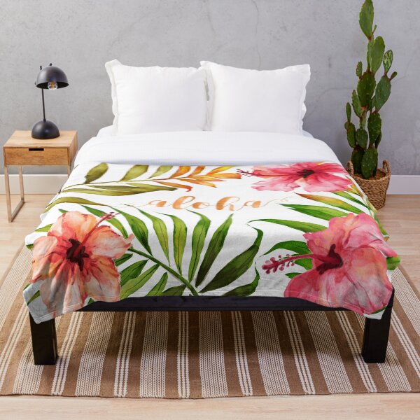 Aloha Tropical Hawaiian Floral Watercolor Throw Blanket