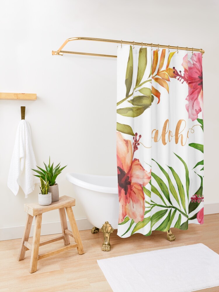 Alternate view of Aloha Tropical Hawaiian Floral Watercolor Shower Curtain