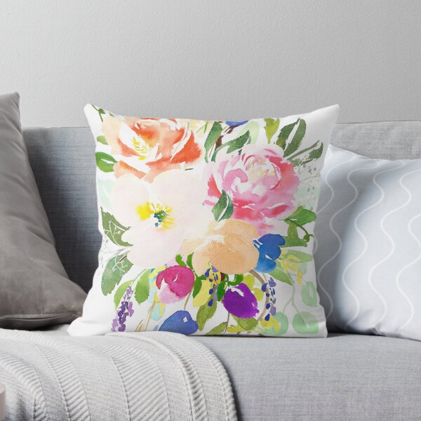 Watercolor Floral Bouquet Mixed Flowers Throw Pillow